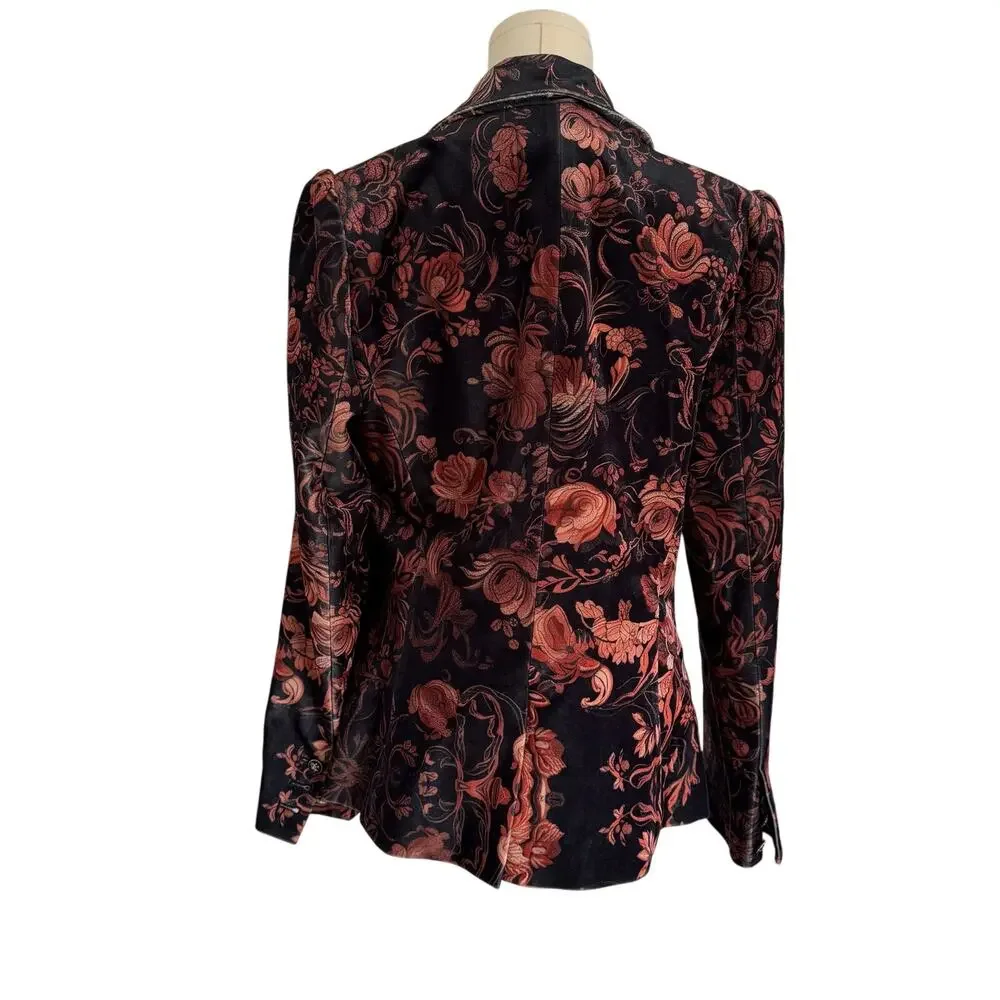 FuTario (M) Velvet Jacquard Floral Blazer Gathered Shoulders Black/Gold Buttons